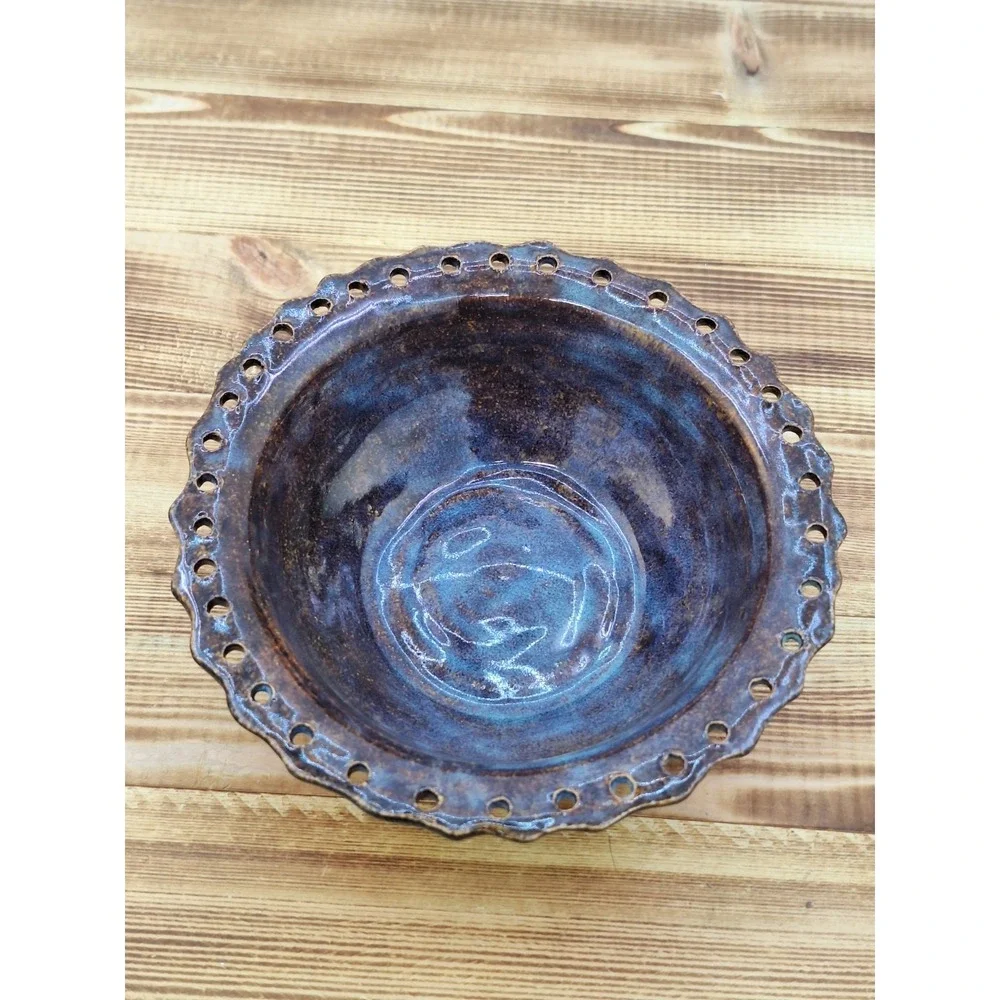 Handcrafted Pottery Bowl Signed Glazed‎ Artisan Reticulated Rim Blue Hue